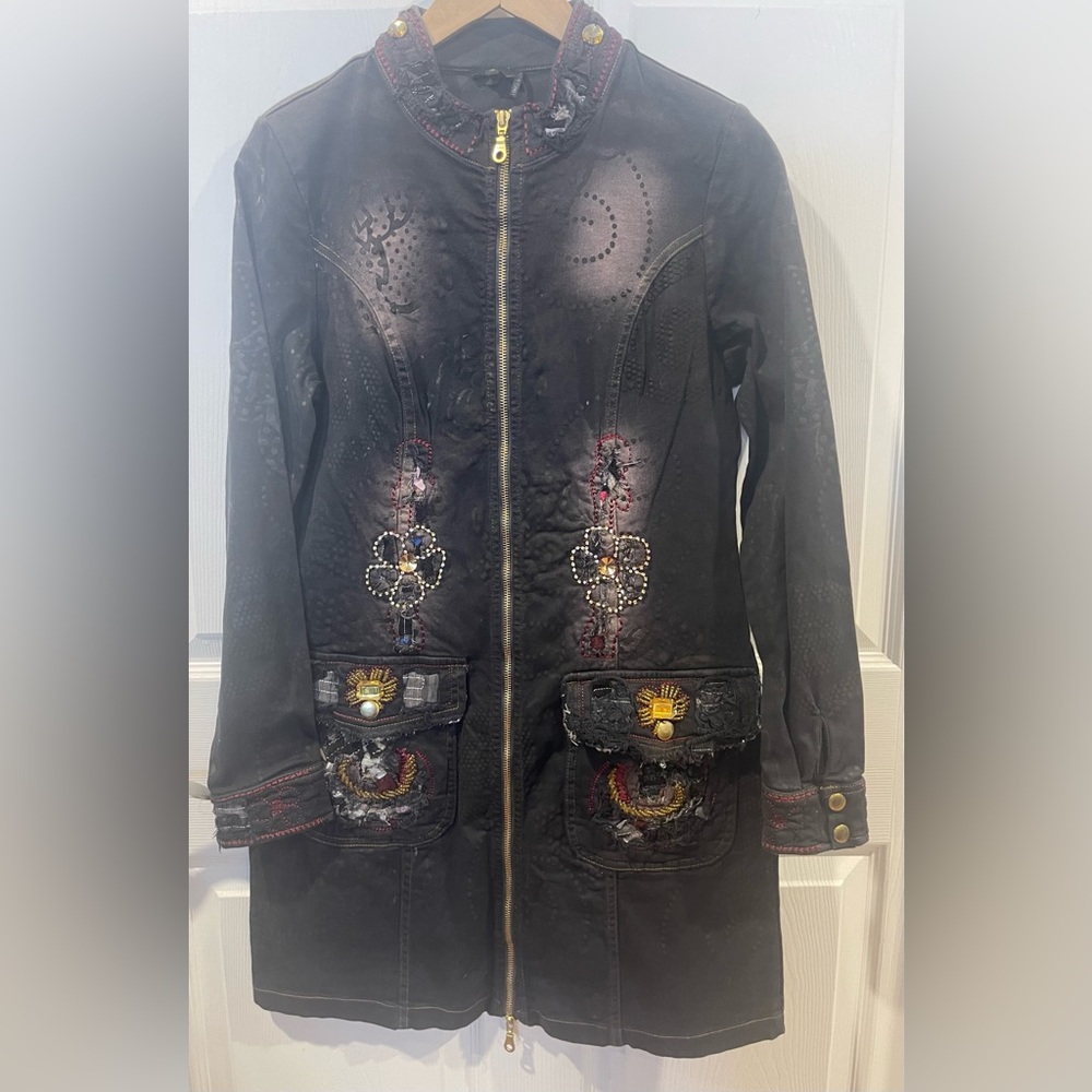Tricotto Jeans denim dress embroidered and sequins medium full zip long sleeves